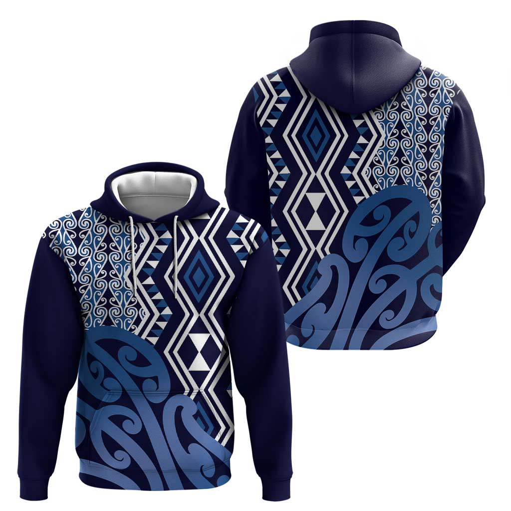 New Zealand Zip Hoodie Aotearoa Kowhaiwhai Mix Taniko Art - Blue