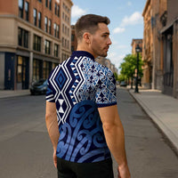 New Zealand Zipper Polo Shirt Aotearoa Kowhaiwhai Mix Taniko Art - Blue - Polynesian Pride