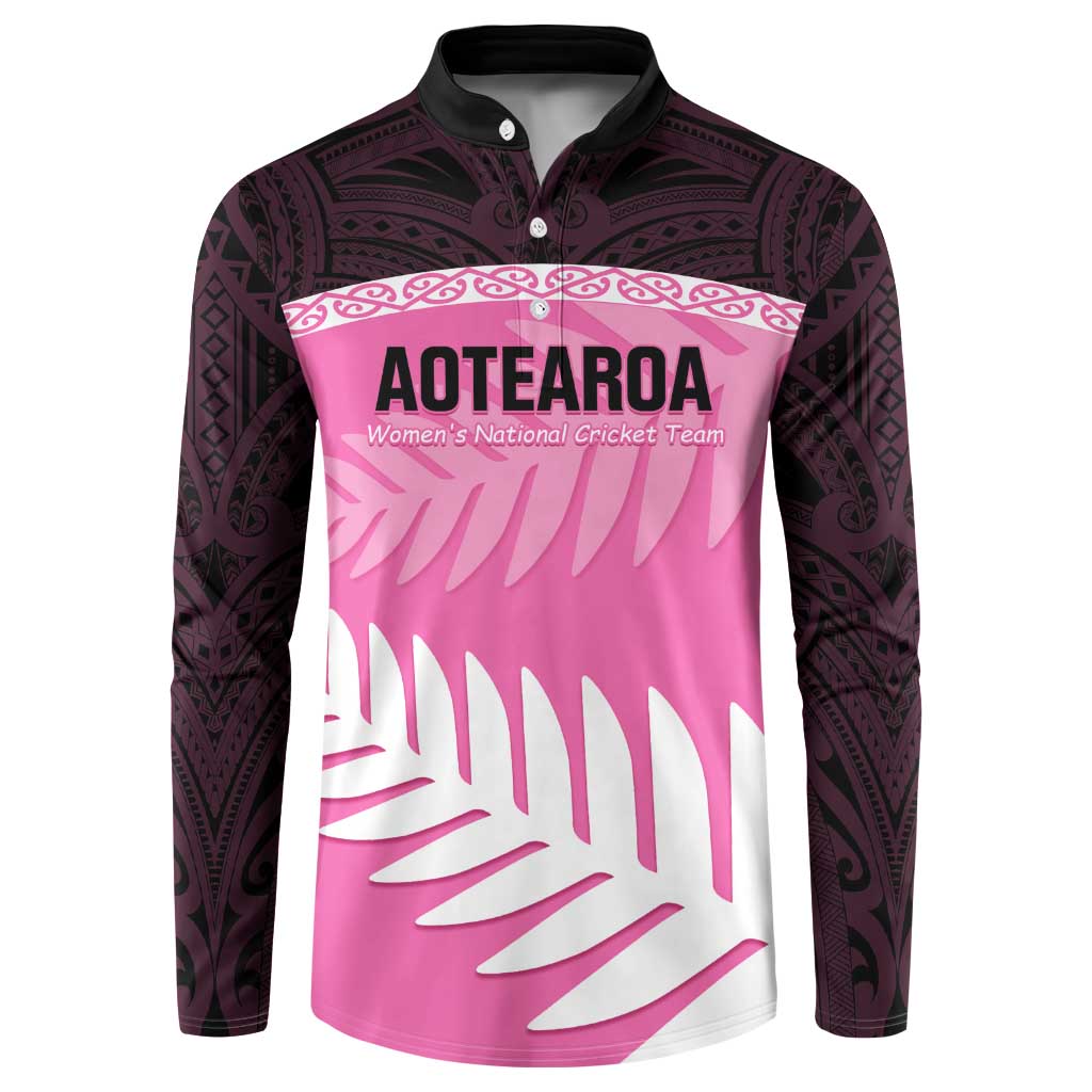 Custom New Zealand Aotearoa Cricket Button Sweatshirt Go White Silver Fern LT14 Pink - Polynesian Pride