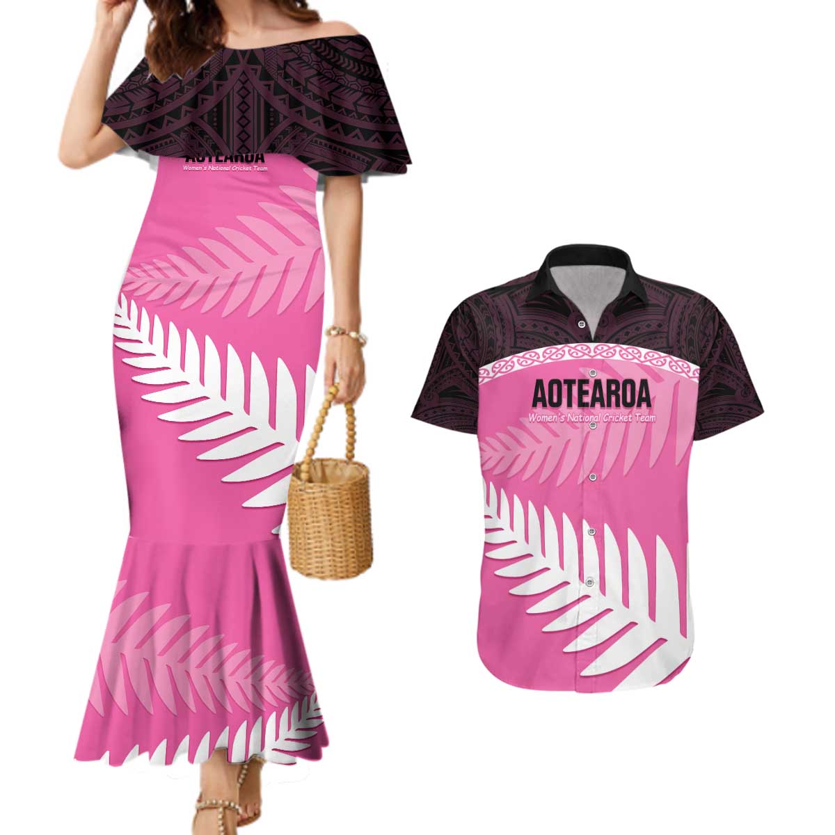 Custom New Zealand Aotearoa Cricket Couples Matching Mermaid Dress and Hawaiian Shirt Go White Silver Fern