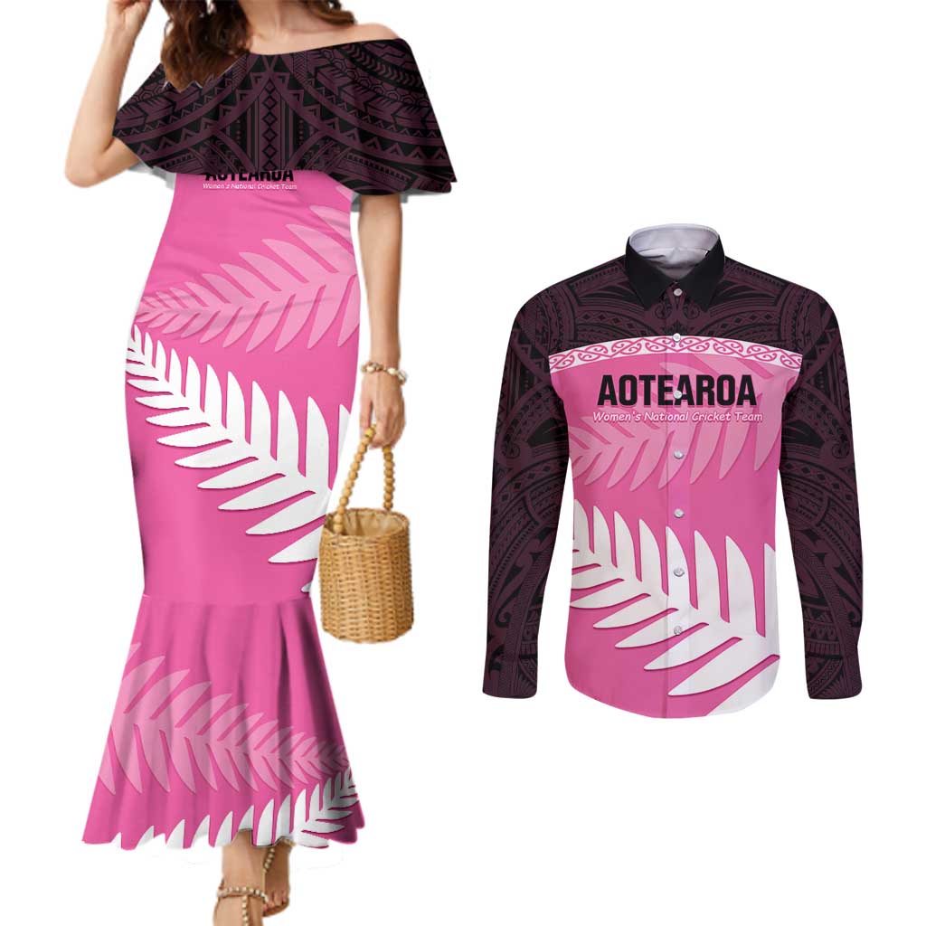Custom New Zealand Aotearoa Cricket Couples Matching Mermaid Dress and Long Sleeve Button Shirt Go White Silver Fern LT14 Pink - Polynesian Pride