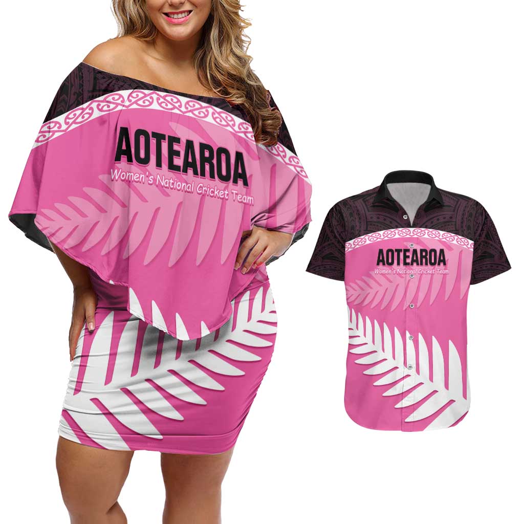 Custom New Zealand Aotearoa Cricket Couples Matching Off Shoulder Short Dress and Hawaiian Shirt Go White Silver Fern LT14 Pink - Polynesian Pride