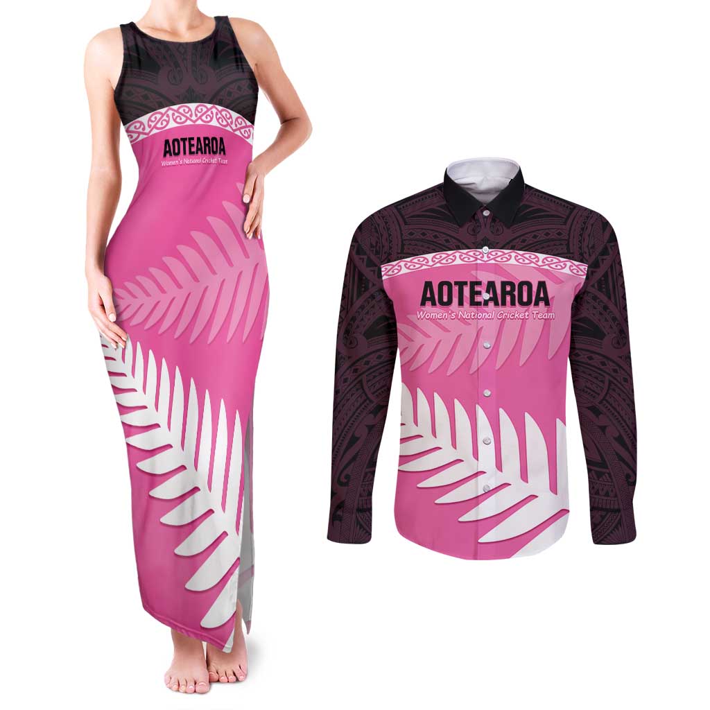 Custom New Zealand Aotearoa Cricket Couples Matching Tank Maxi Dress and Long Sleeve Button Shirt Go White Silver Fern LT14 Pink - Polynesian Pride