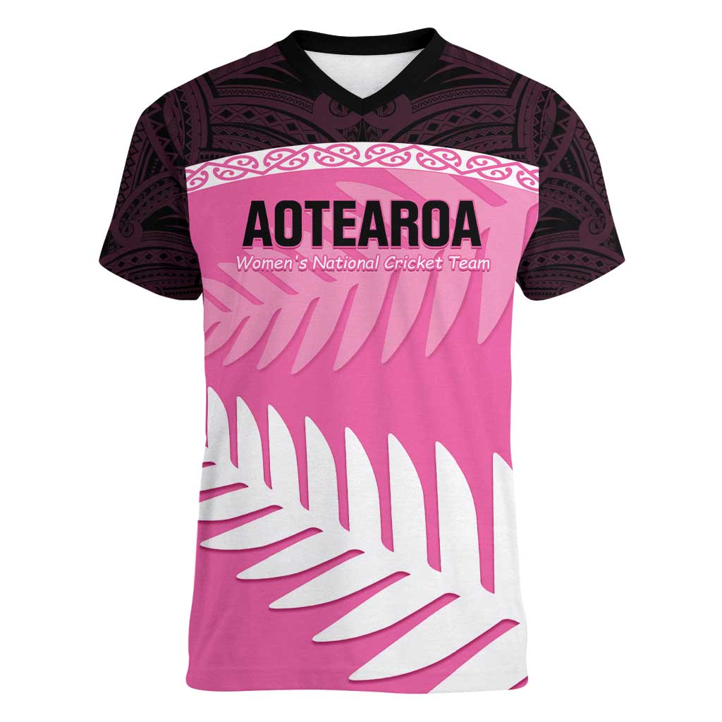 Custom New Zealand Aotearoa Cricket Women V-Neck T-Shirt Go White Silver Fern