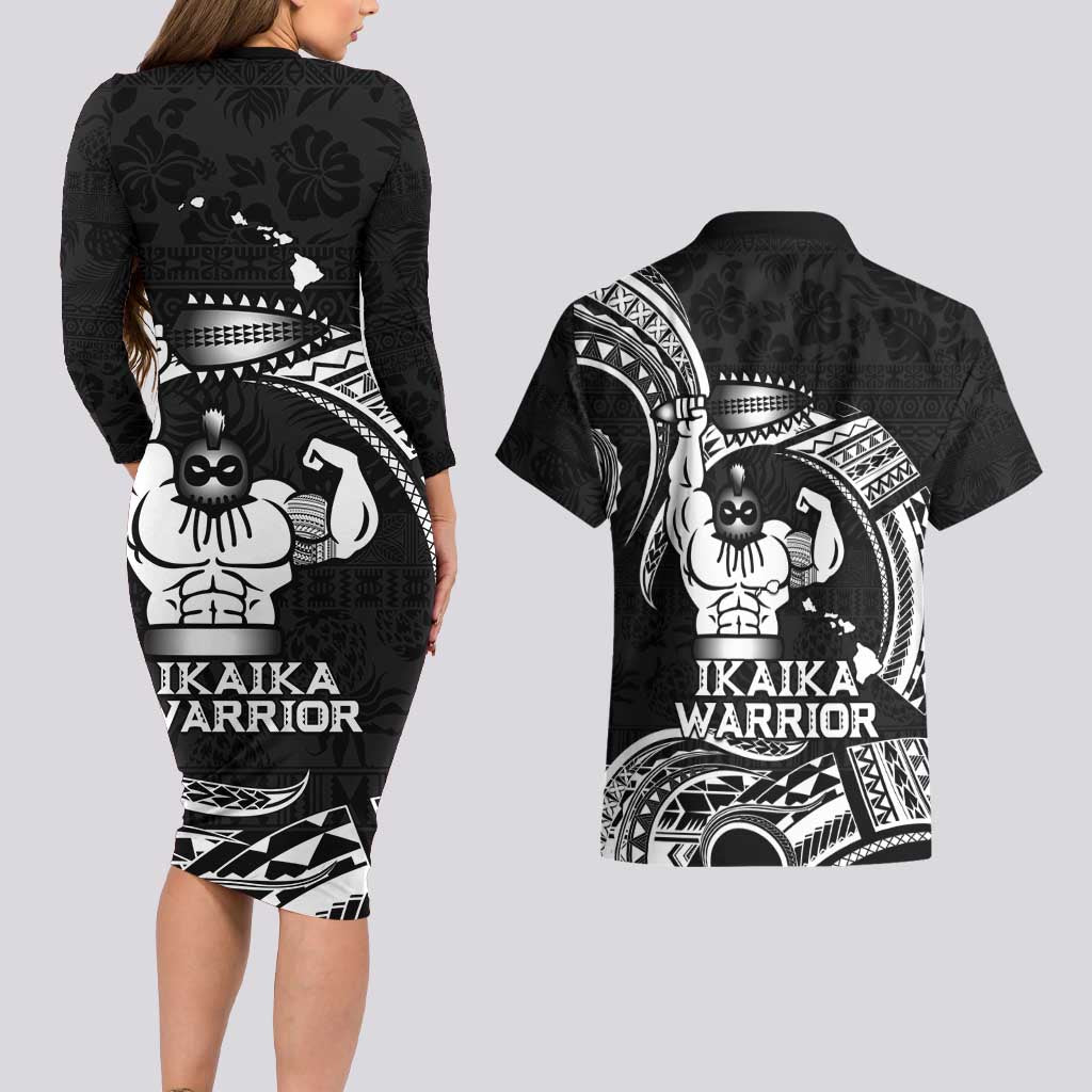 Black Hawaii Ikaika Warrior Couples Matching Long Sleeve Bodycon Dress and Hawaiian Shirt Hawaiian Power