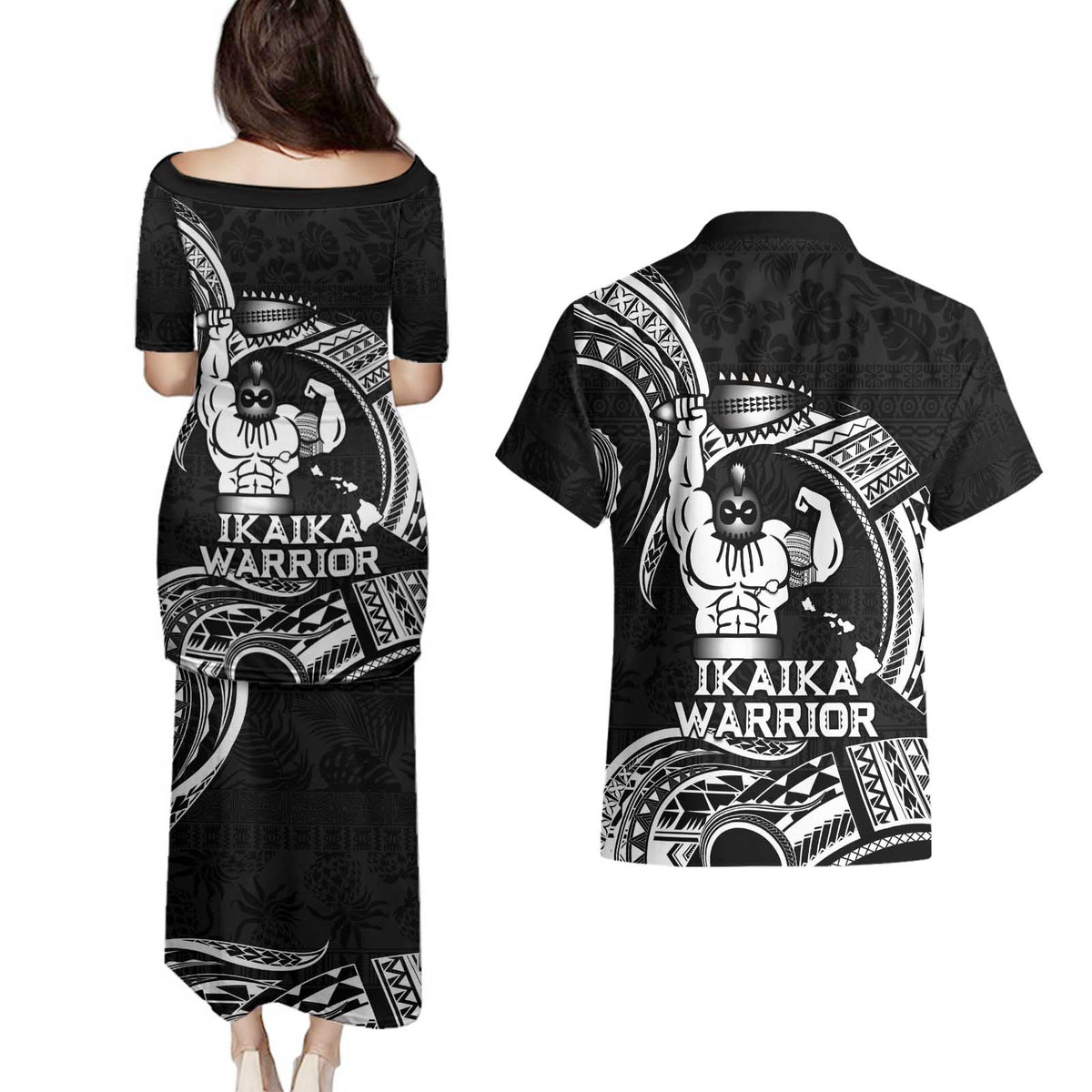 Black Hawaii Ikaika Warrior Couples Matching Puletasi and Hawaiian Shirt Hawaiian Power