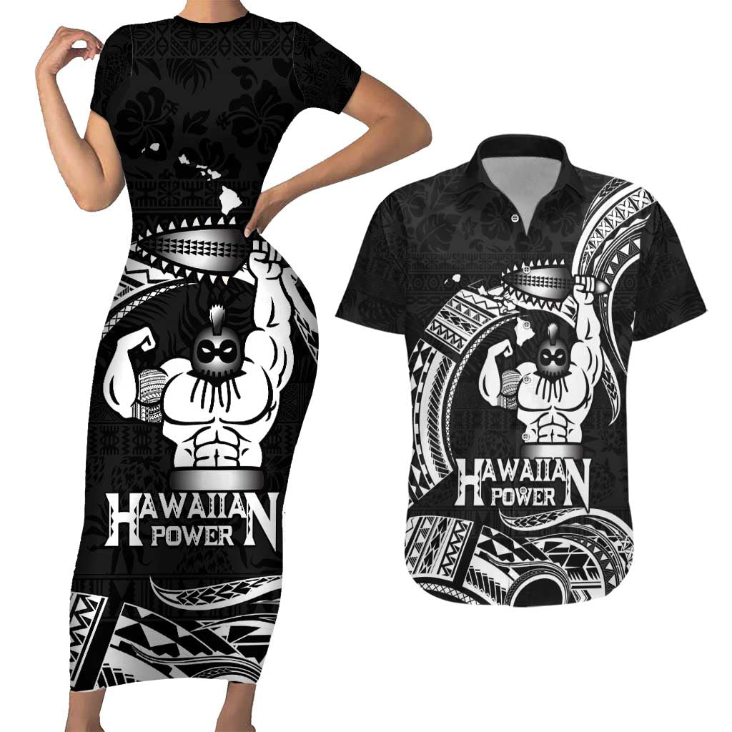 Black Hawaii Ikaika Warrior Couples Matching Short Sleeve Bodycon Dress and Hawaiian Shirt Hawaiian Power