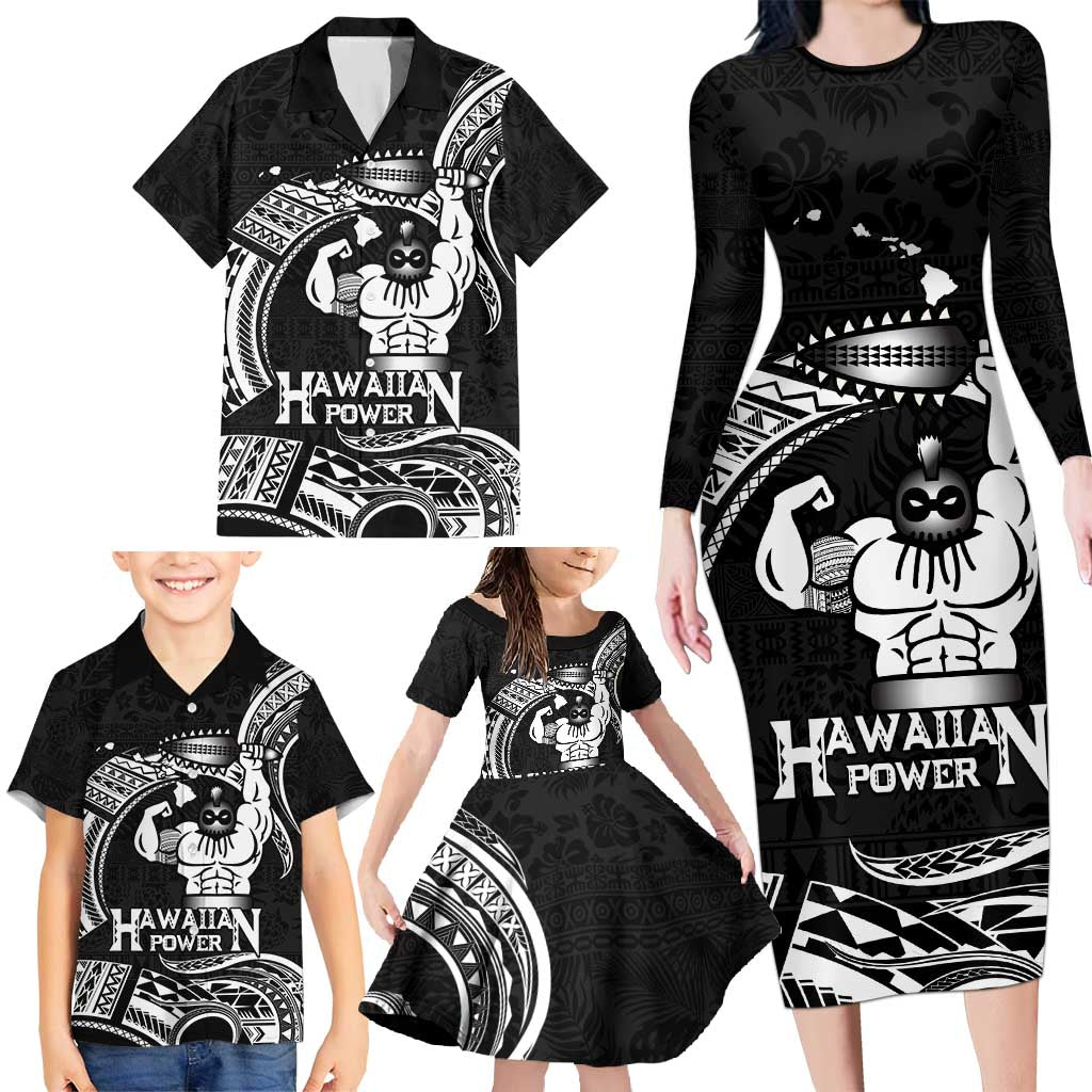 Black Hawaii Ikaika Warrior Family Matching Long Sleeve Bodycon Dress and Hawaiian Shirt Hawaiian Power