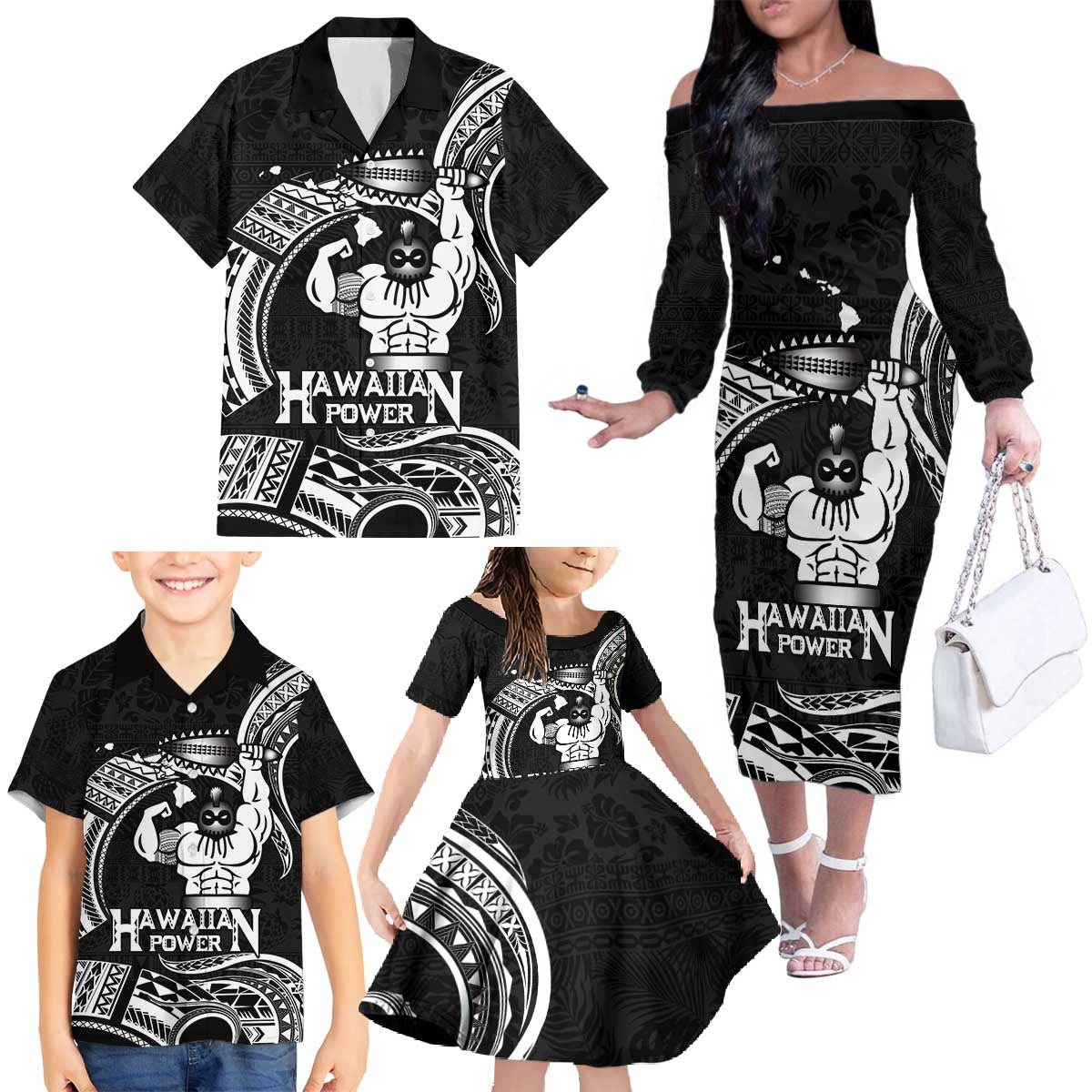 Black Hawaii Ikaika Warrior Family Matching Off The Shoulder Long Sleeve Dress and Hawaiian Shirt Hawaiian Power
