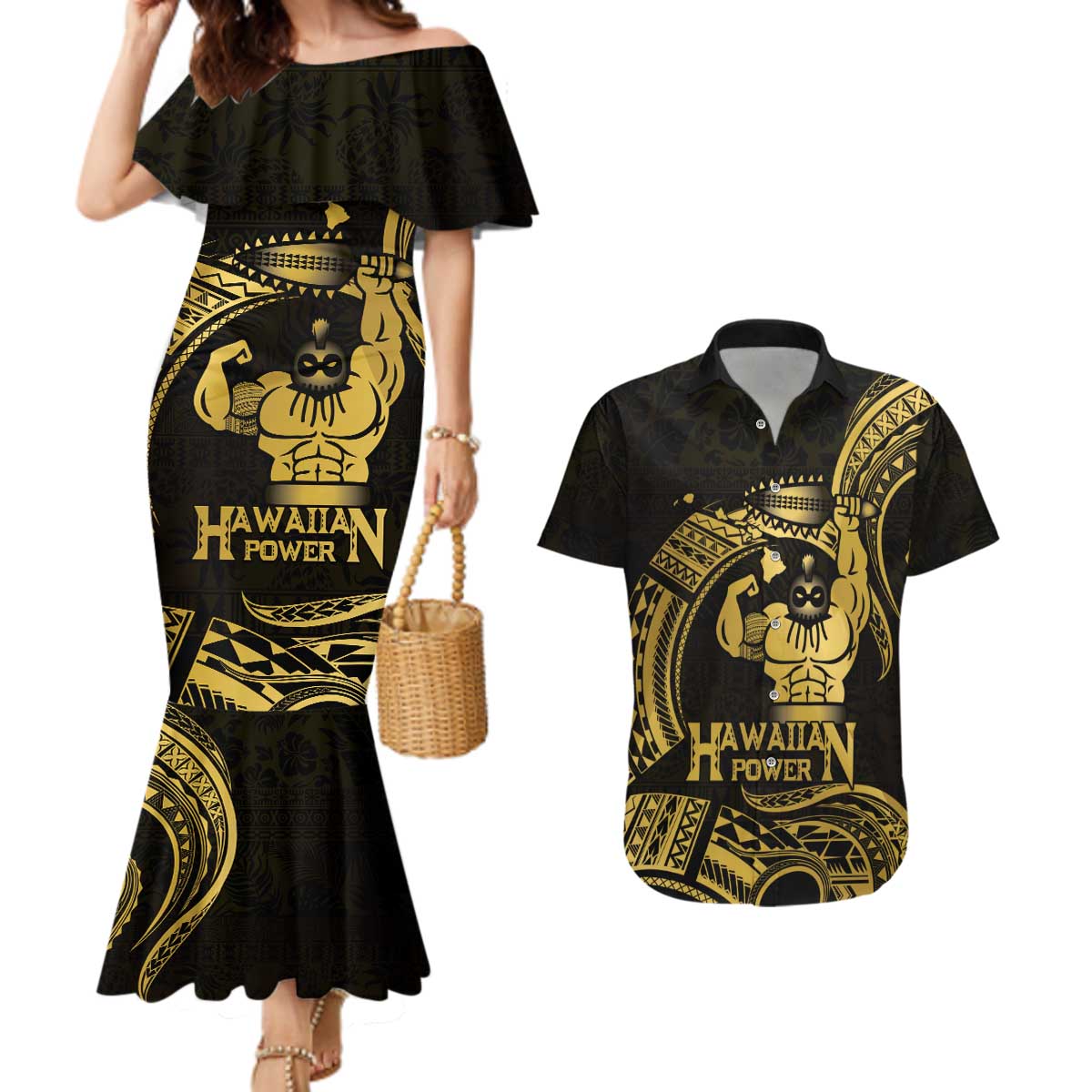 Gold Hawaii Ikaika Warrior Couples Matching Mermaid Dress and Hawaiian Shirt Hawaiian Power