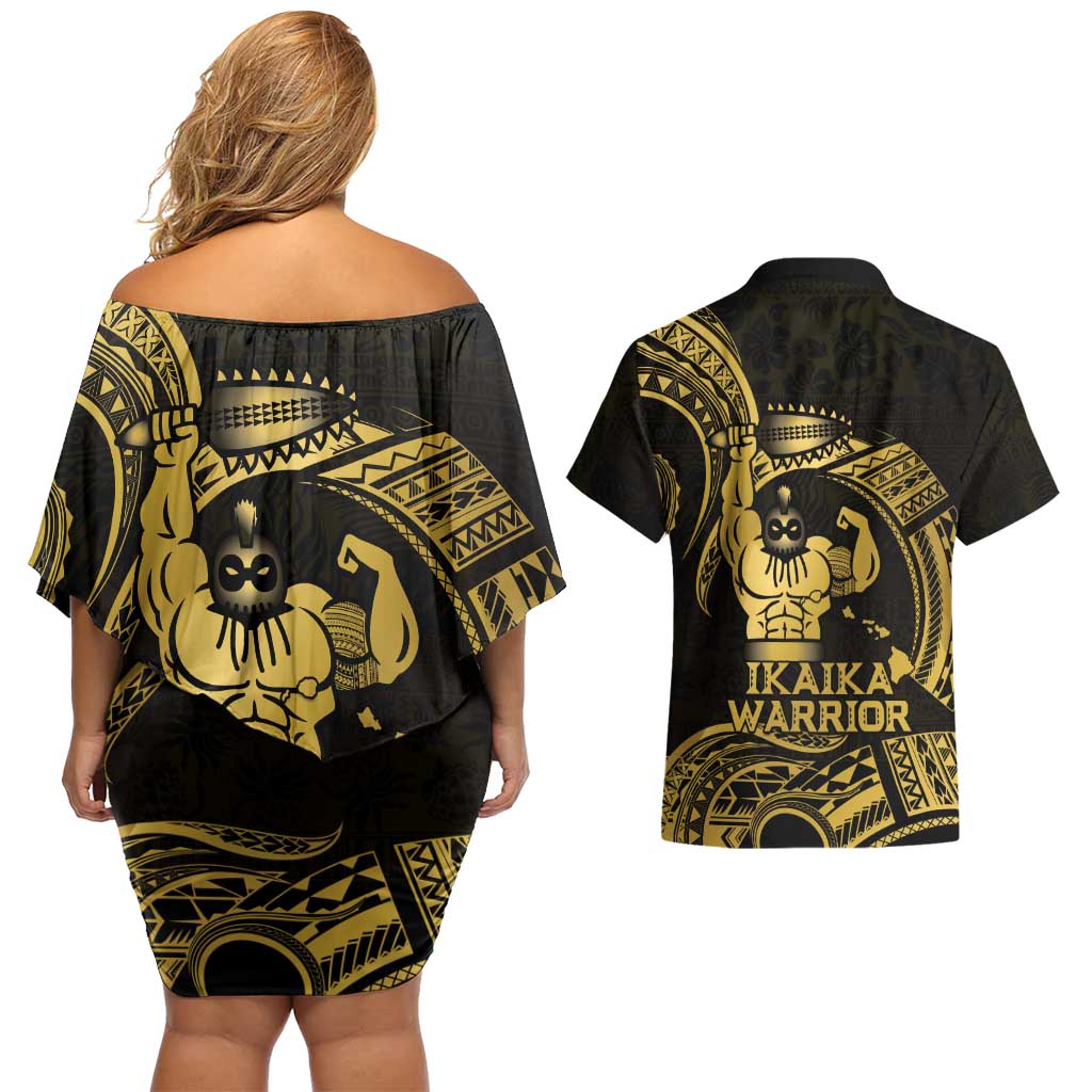 Gold Hawaii Ikaika Warrior Couples Matching Off Shoulder Short Dress and Hawaiian Shirt Hawaiian Power LT14 - Polynesian Pride