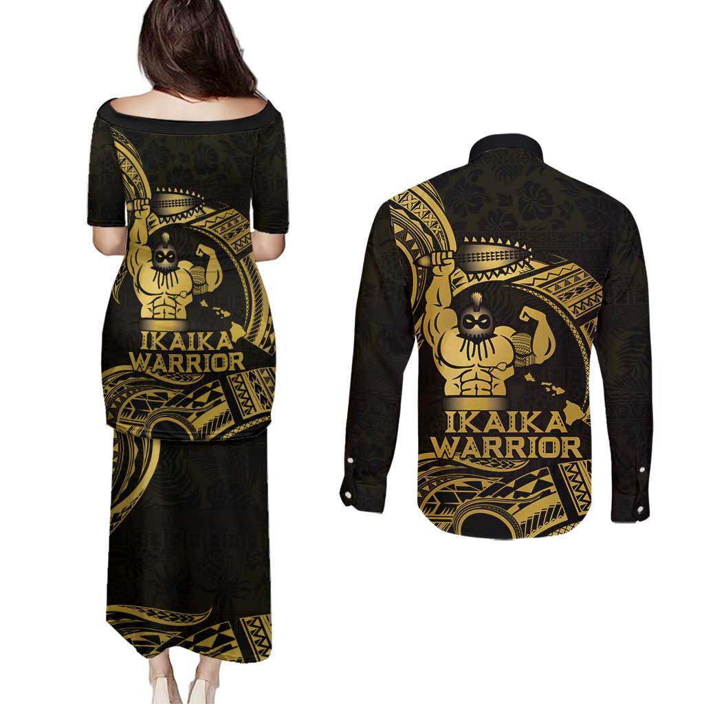 Gold Hawaii Ikaika Warrior Couples Matching Puletasi and Long Sleeve Button Shirt Hawaiian Power