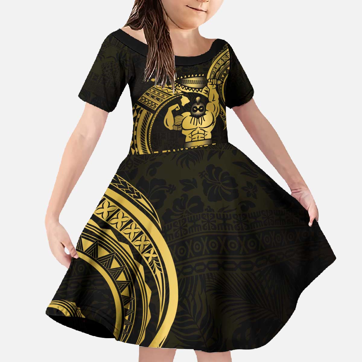 Gold Hawaii Ikaika Warrior Family Matching Off The Shoulder Long Sleeve Dress and Hawaiian Shirt Hawaiian Power