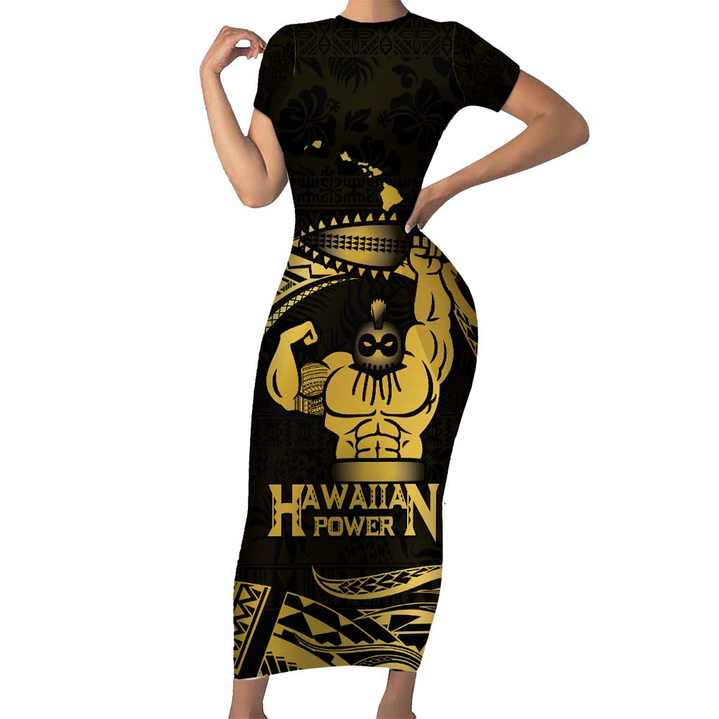 Gold Hawaii Ikaika Warrior Family Matching Short Sleeve Bodycon Dress and Hawaiian Shirt Hawaiian Power