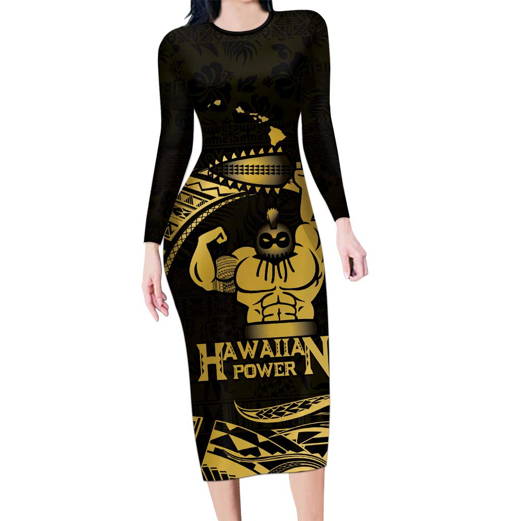 Gold Hawaii Ikaika Warrior Long Sleeve Bodycon Dress Hawaiian Power