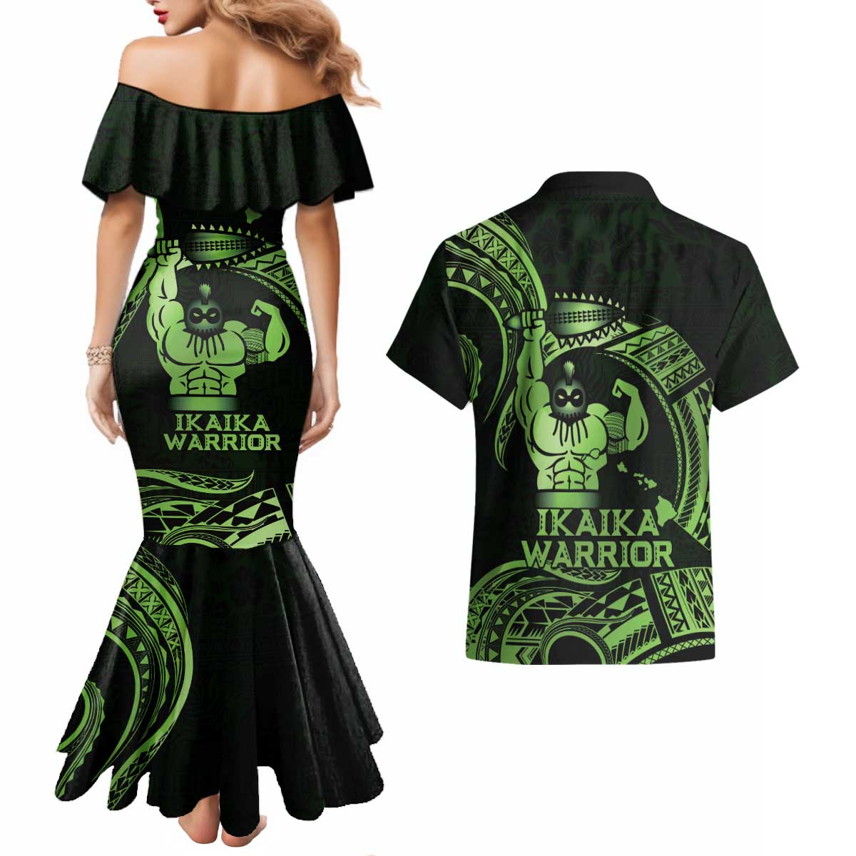 Green Hawaii Ikaika Warrior Couples Matching Mermaid Dress and Hawaiian Shirt Hawaiian Power