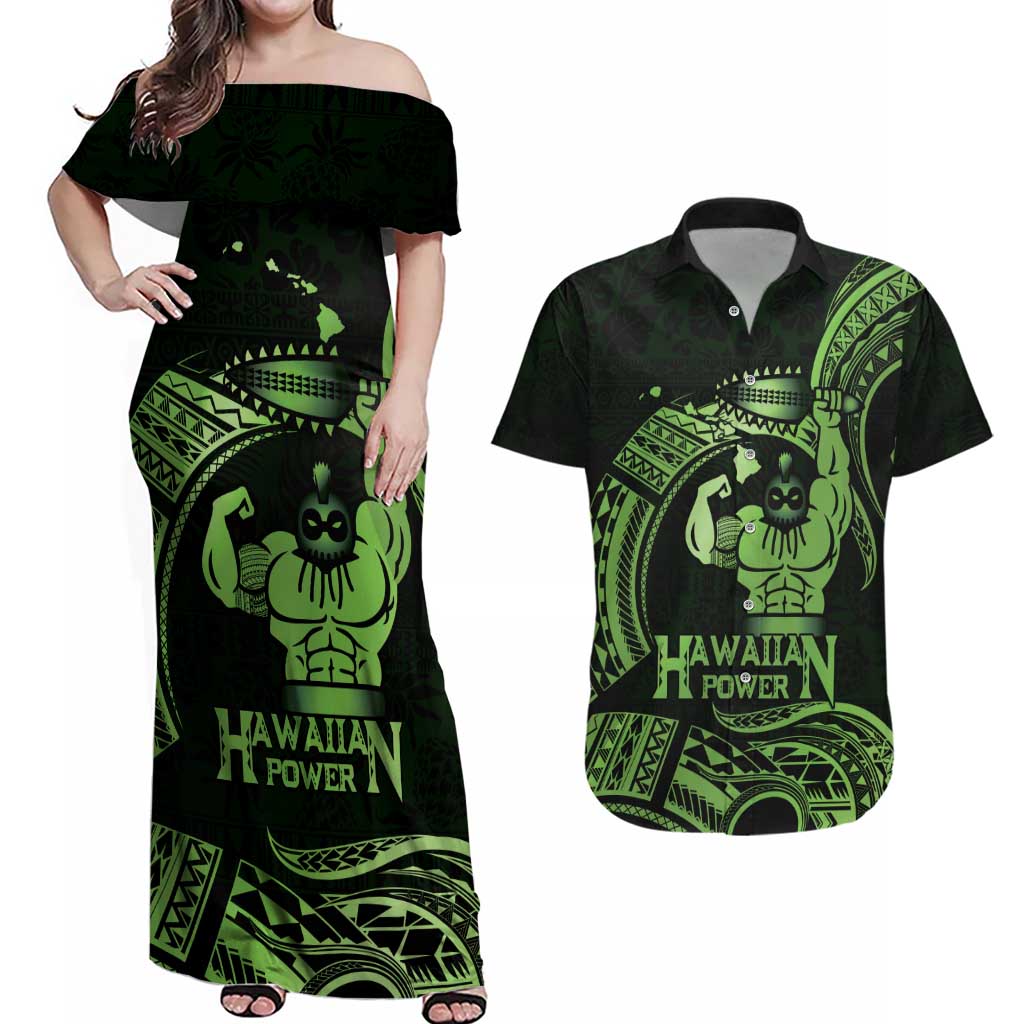 Green Hawaii Ikaika Warrior Couples Matching Off Shoulder Maxi Dress and Hawaiian Shirt Hawaiian Power LT14 Green - Polynesian Pride