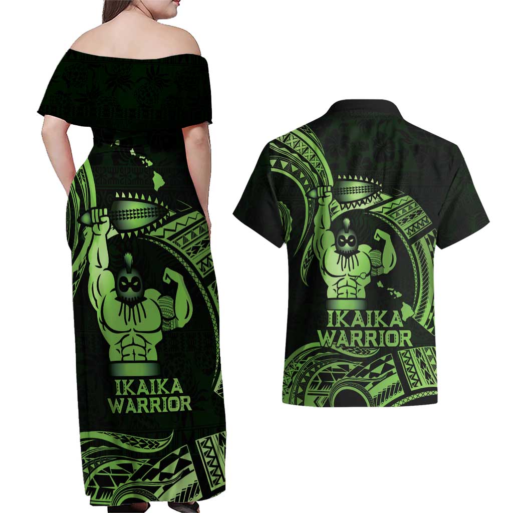 Green Hawaii Ikaika Warrior Couples Matching Off Shoulder Maxi Dress and Hawaiian Shirt Hawaiian Power LT14 - Polynesian Pride