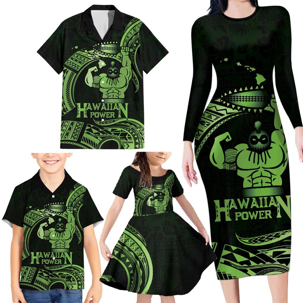 Green Hawaii Ikaika Warrior Family Matching Long Sleeve Bodycon Dress and Hawaiian Shirt Hawaiian Power