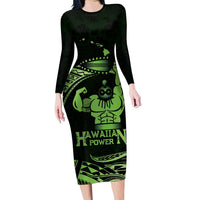 Green Hawaii Ikaika Warrior Family Matching Long Sleeve Bodycon Dress and Hawaiian Shirt Hawaiian Power