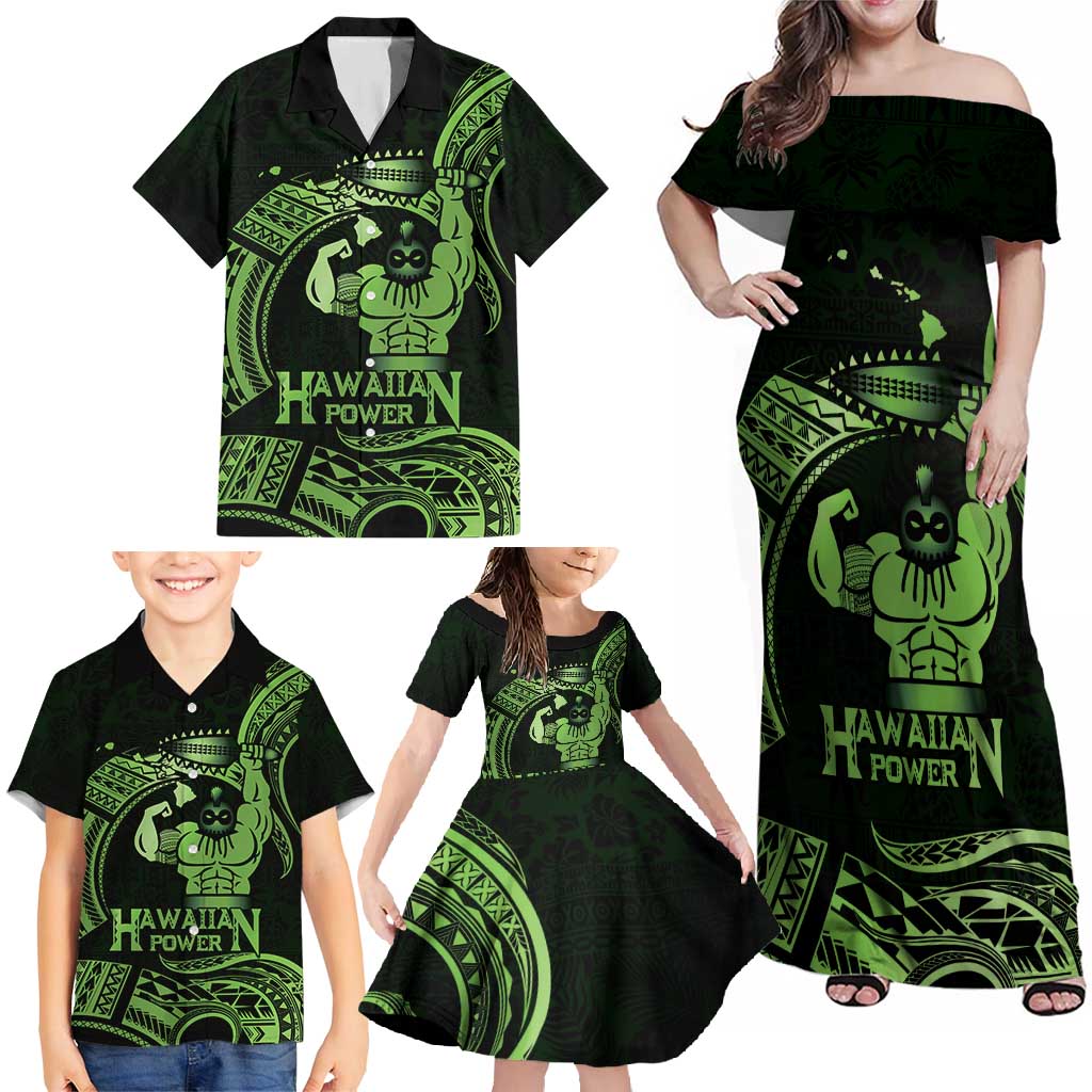 Green Hawaii Ikaika Warrior Family Matching Off Shoulder Maxi Dress and Hawaiian Shirt Hawaiian Power