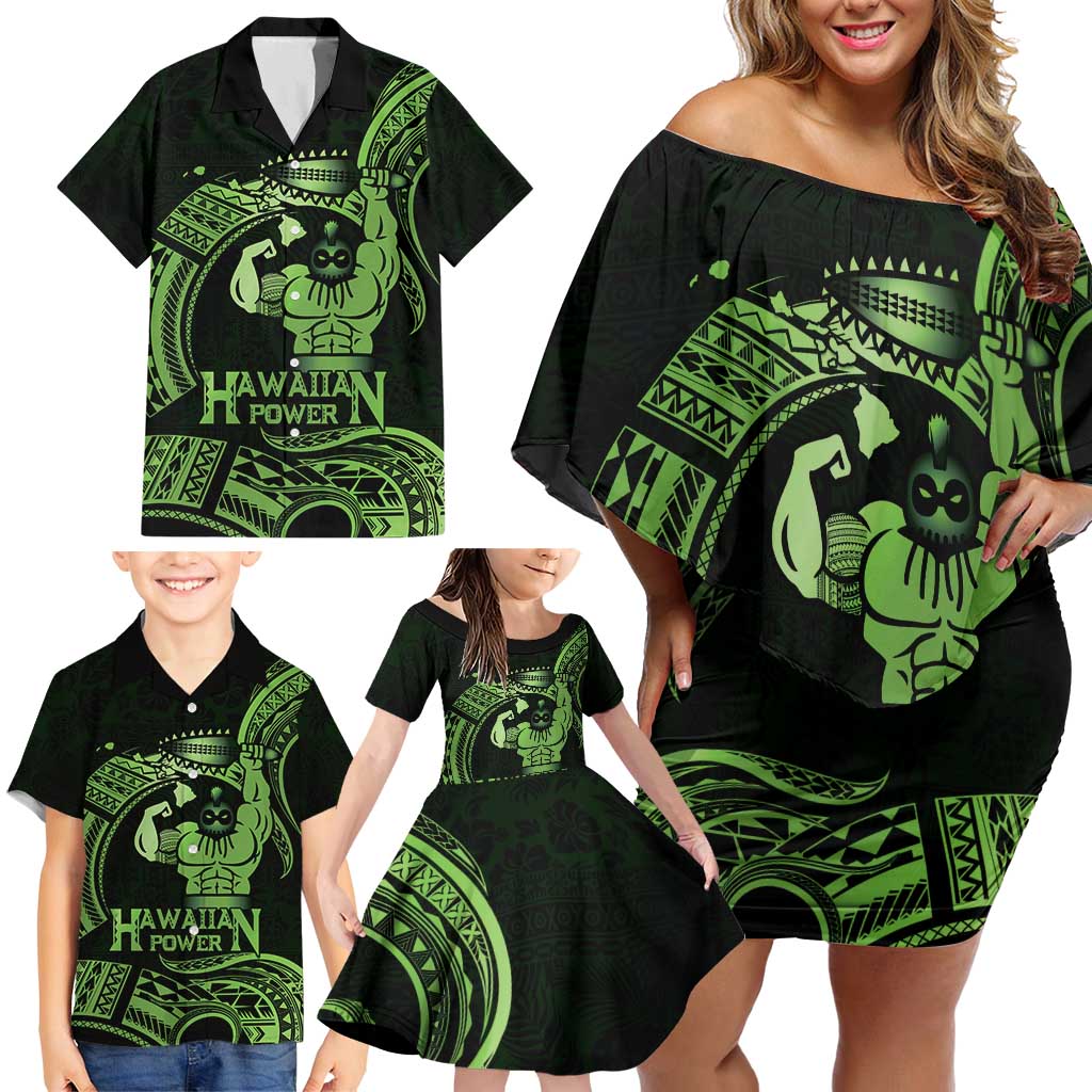 Green Hawaii Ikaika Warrior Family Matching Off Shoulder Short Dress and Hawaiian Shirt Hawaiian Power