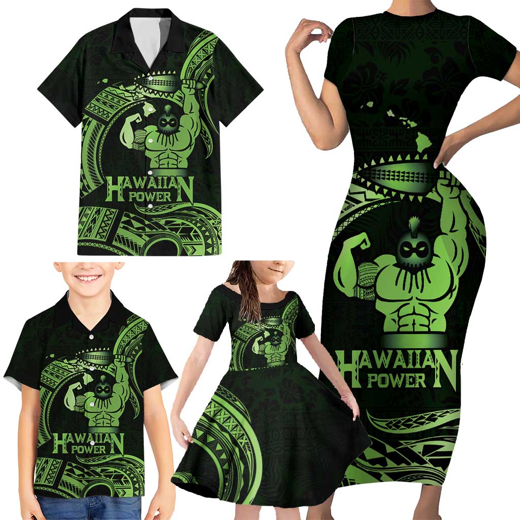 Green Hawaii Ikaika Warrior Family Matching Short Sleeve Bodycon Dress and Hawaiian Shirt Hawaiian Power