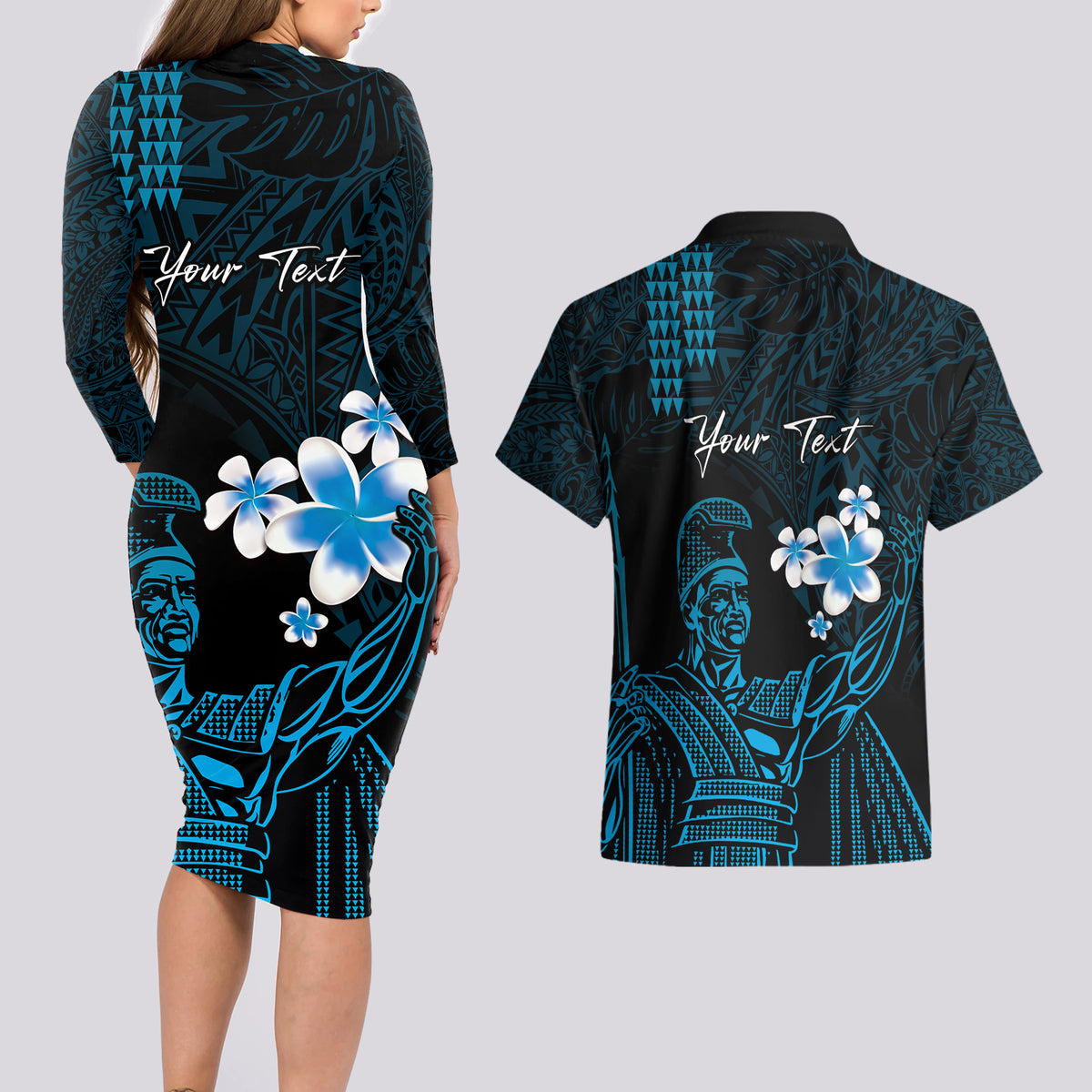 Personalised Hawaii King Kamehameha Day Couples Matching Long Sleeve Bodycon Dress and Hawaiian Shirt Plumeria With Kakau Pattern - Blue