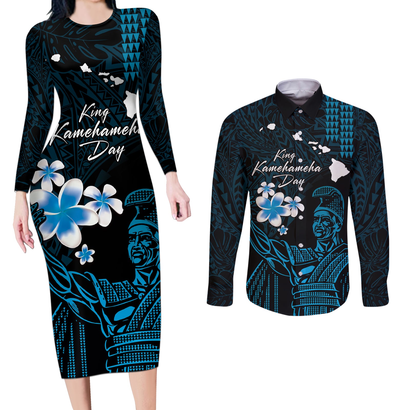 Personalised Hawaii King Kamehameha Day Couples Matching Long Sleeve Bodycon Dress and Long Sleeve Button Shirt Plumeria With Kakau Pattern - Blue