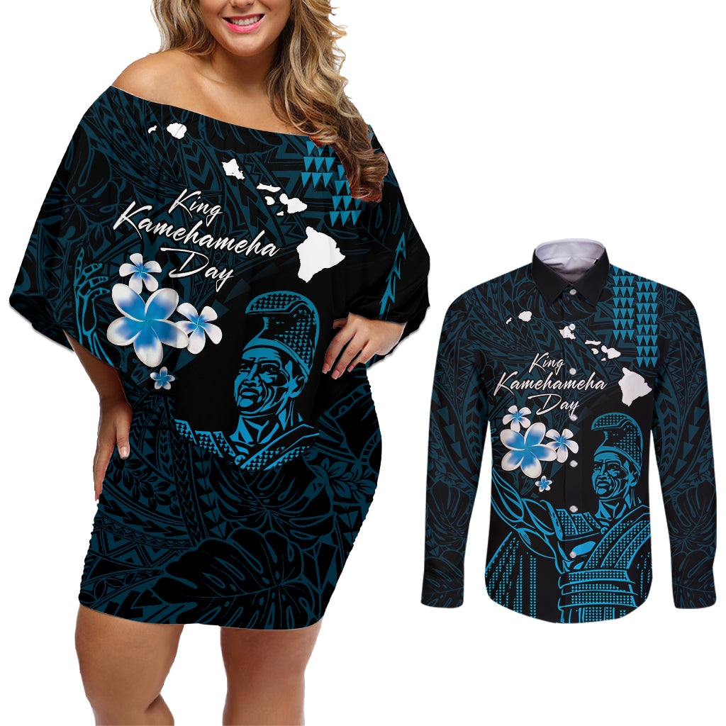 Personalised Hawaii King Kamehameha Day Couples Matching Off Shoulder Short Dress and Long Sleeve Button Shirt Plumeria With Kakau Pattern - Blue