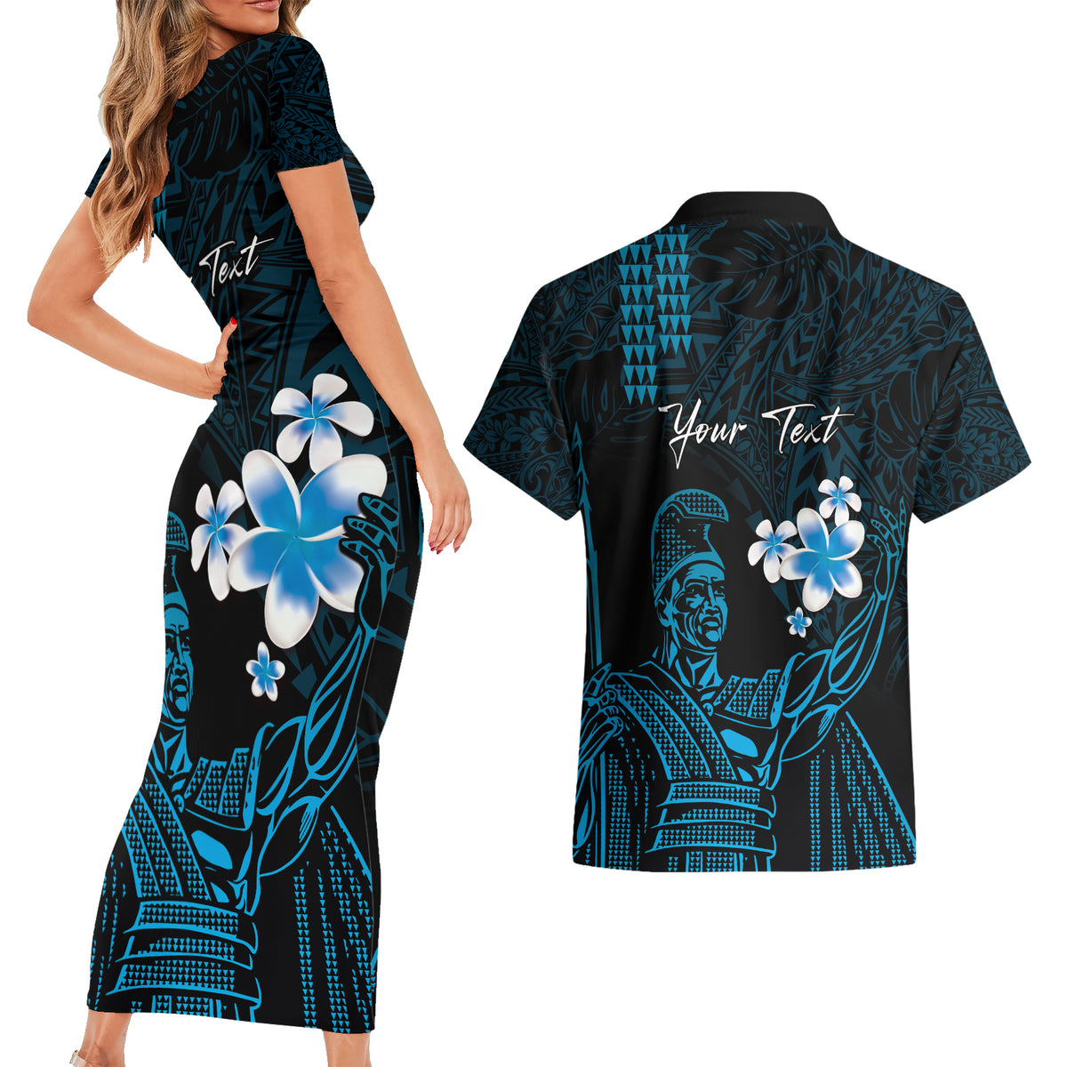 Personalised Hawaii King Kamehameha Day Couples Matching Short Sleeve Bodycon Dress and Hawaiian Shirt Plumeria With Kakau Pattern - Blue