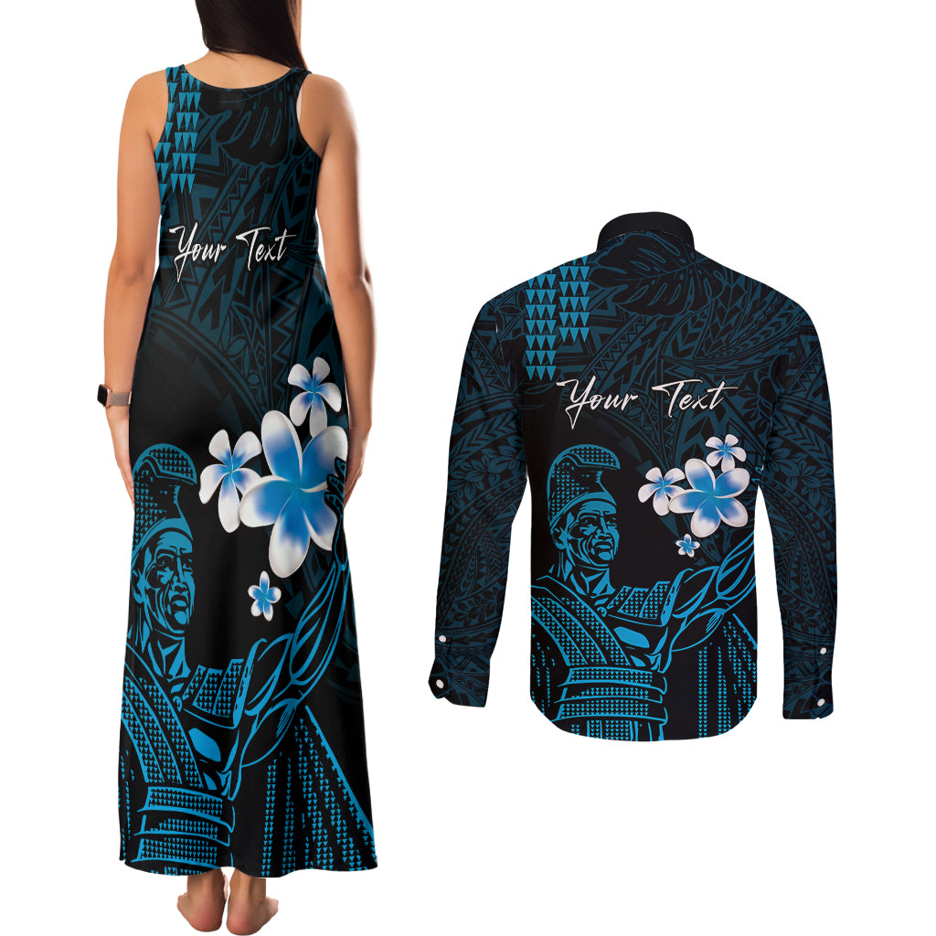 Personalised Hawaii King Kamehameha Day Couples Matching Tank Maxi Dress and Long Sleeve Button Shirt Plumeria With Kakau Pattern - Blue