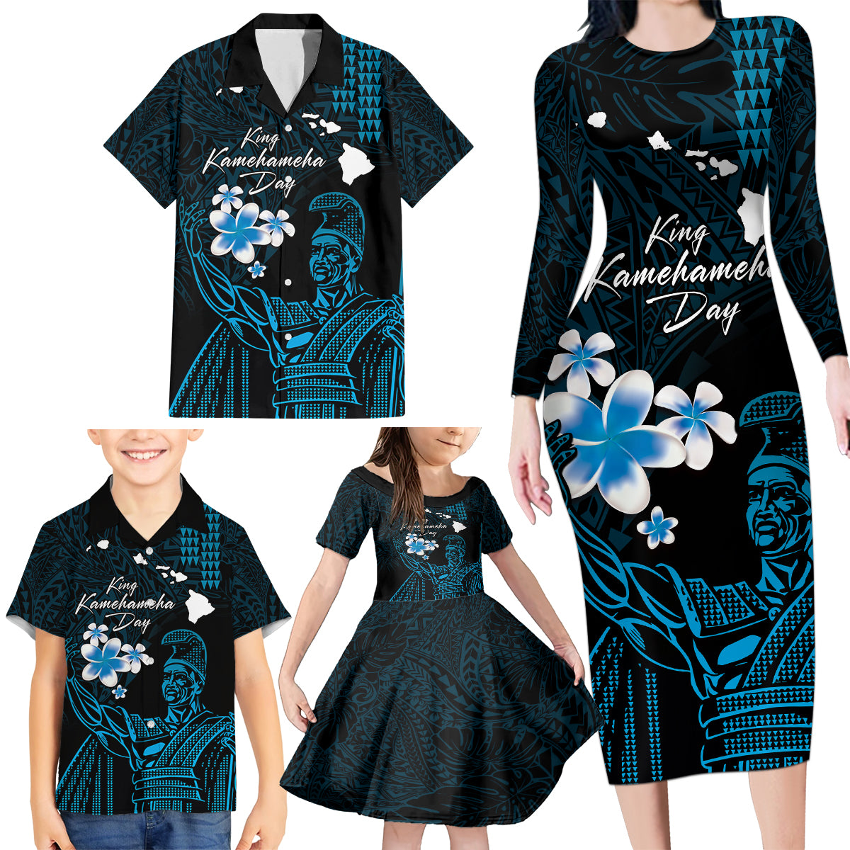 Personalised Hawaii King Kamehameha Day Family Matching Long Sleeve Bodycon Dress and Hawaiian Shirt Plumeria With Kakau Pattern - Blue