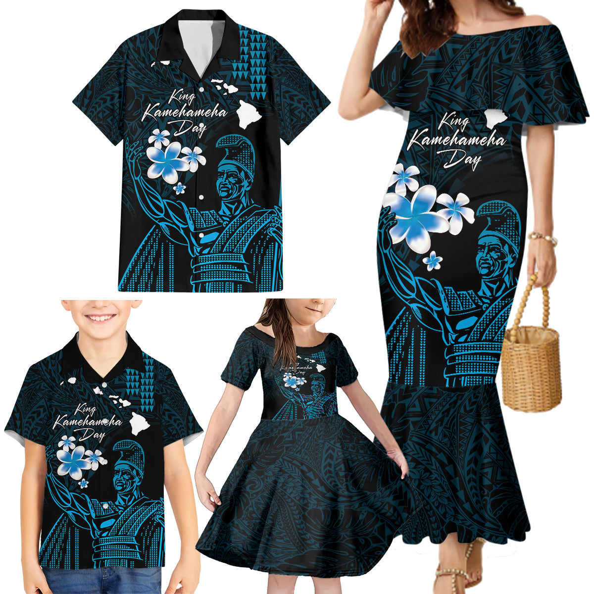 Personalised Hawaii King Kamehameha Day Family Matching Mermaid Dress and Hawaiian Shirt Plumeria With Kakau Pattern - Blue