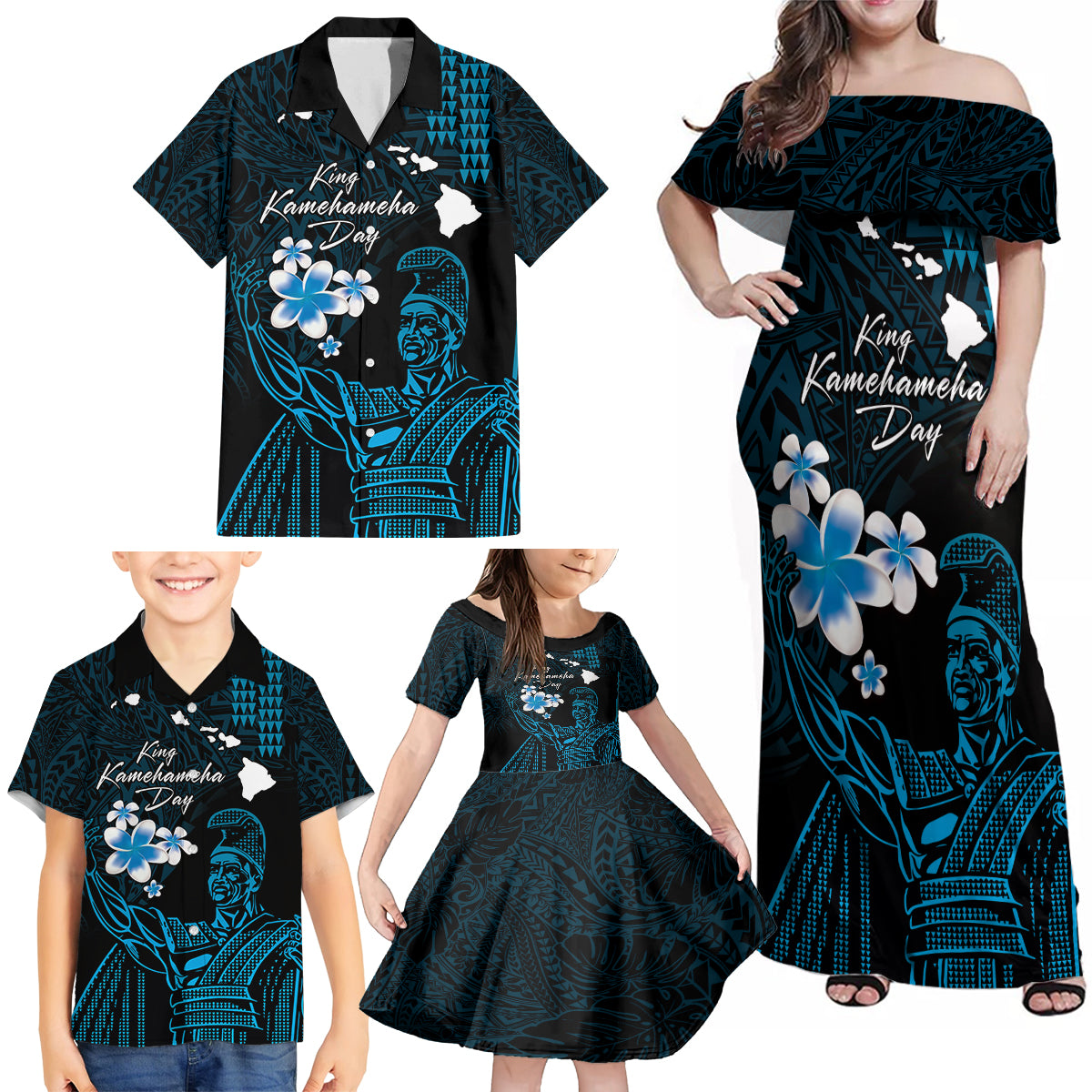 Personalised Hawaii King Kamehameha Day Family Matching Off Shoulder Maxi Dress and Hawaiian Shirt Plumeria With Kakau Pattern - Blue