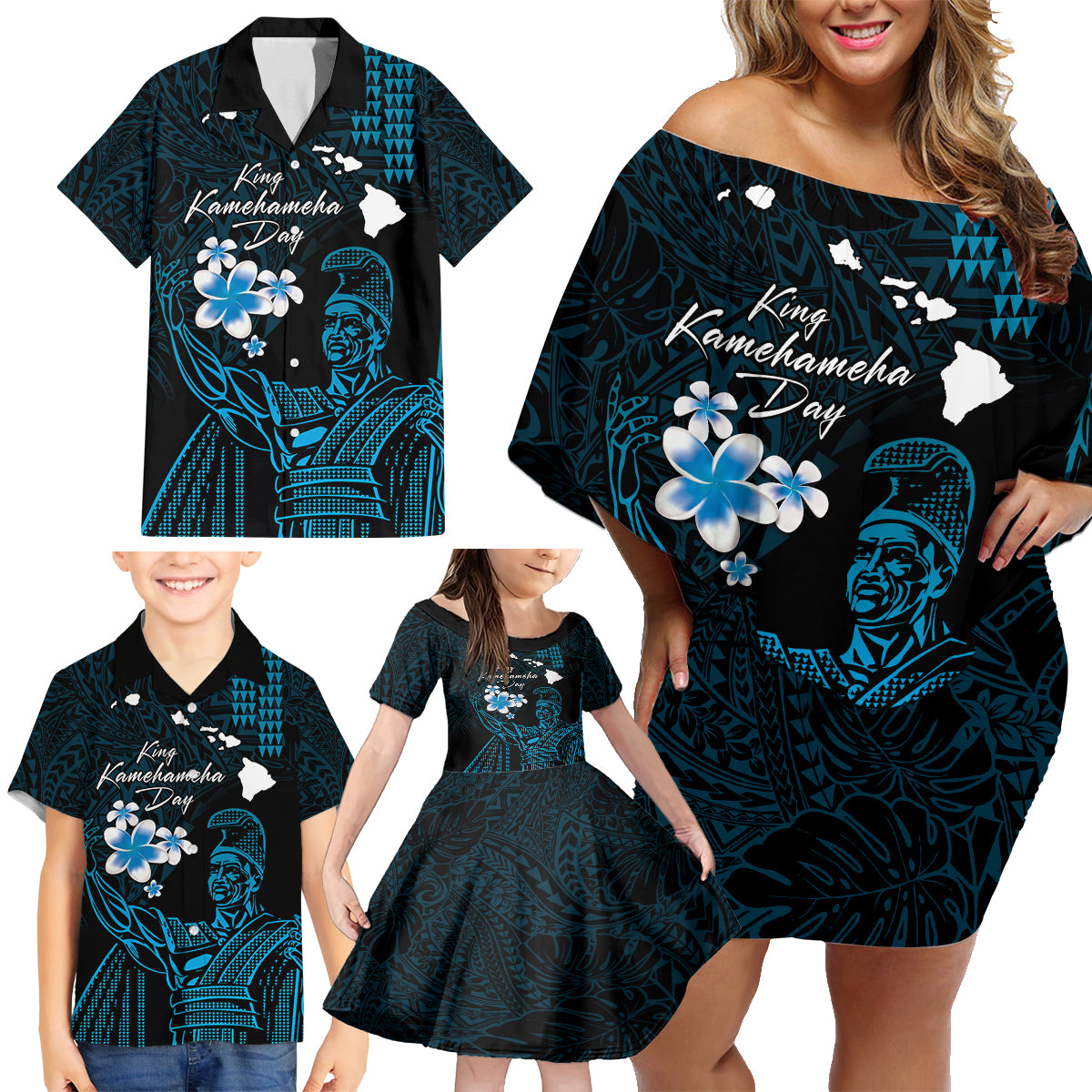 Personalised Hawaii King Kamehameha Day Family Matching Off Shoulder Short Dress and Hawaiian Shirt Plumeria With Kakau Pattern - Blue