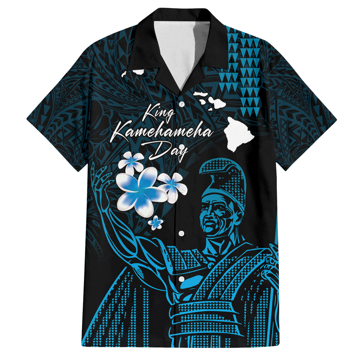 Personalised Hawaii King Kamehameha Day Family Matching Off Shoulder Short Dress and Hawaiian Shirt Plumeria With Kakau Pattern - Blue