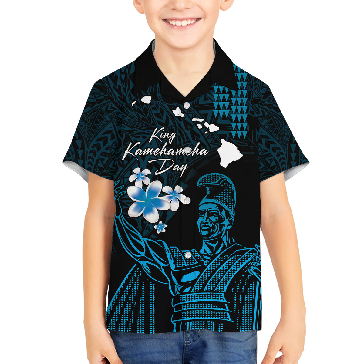 Personalised Hawaii King Kamehameha Day Family Matching Off Shoulder Short Dress and Hawaiian Shirt Plumeria With Kakau Pattern - Blue