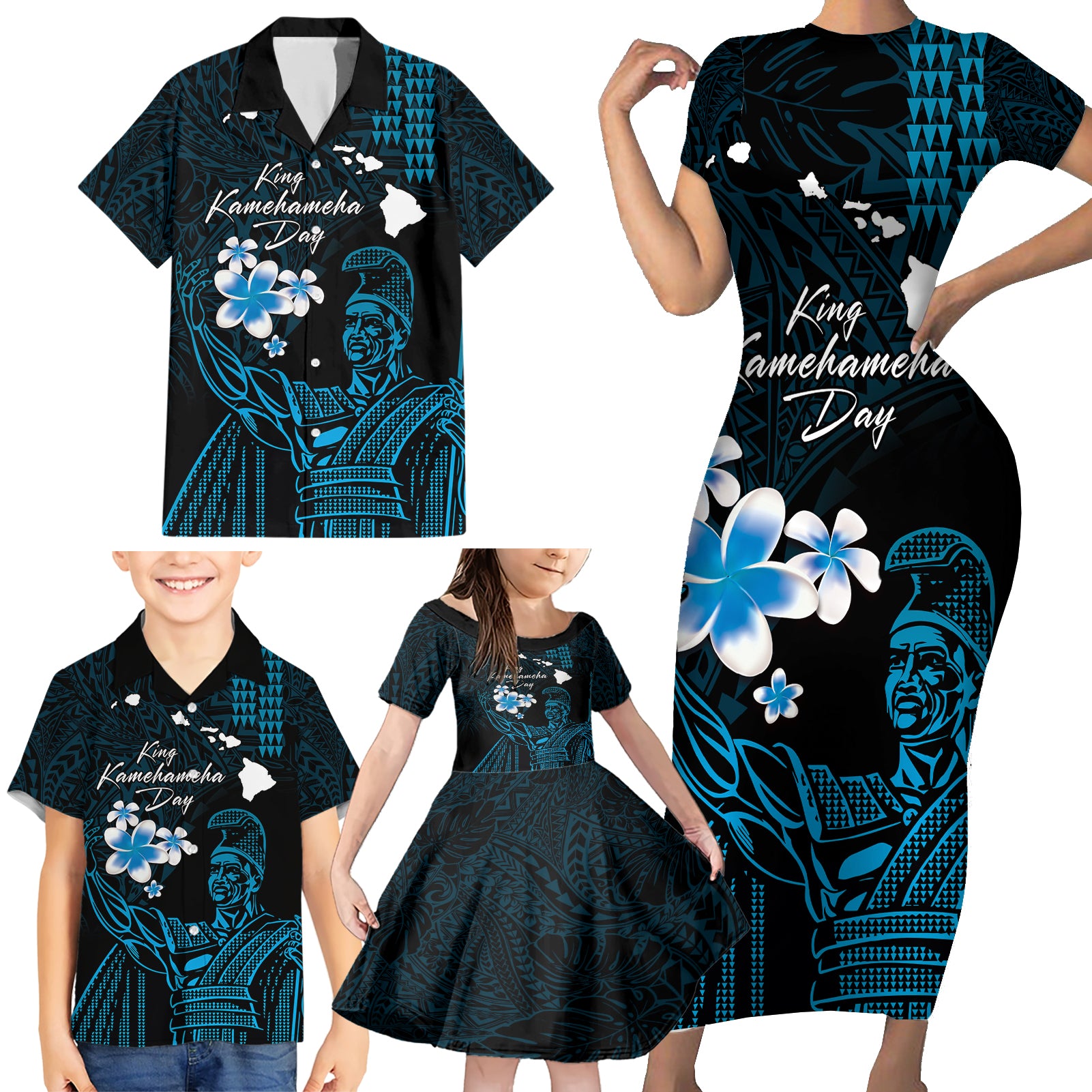 Personalised Hawaii King Kamehameha Day Family Matching Short Sleeve Bodycon Dress and Hawaiian Shirt Plumeria With Kakau Pattern - Blue