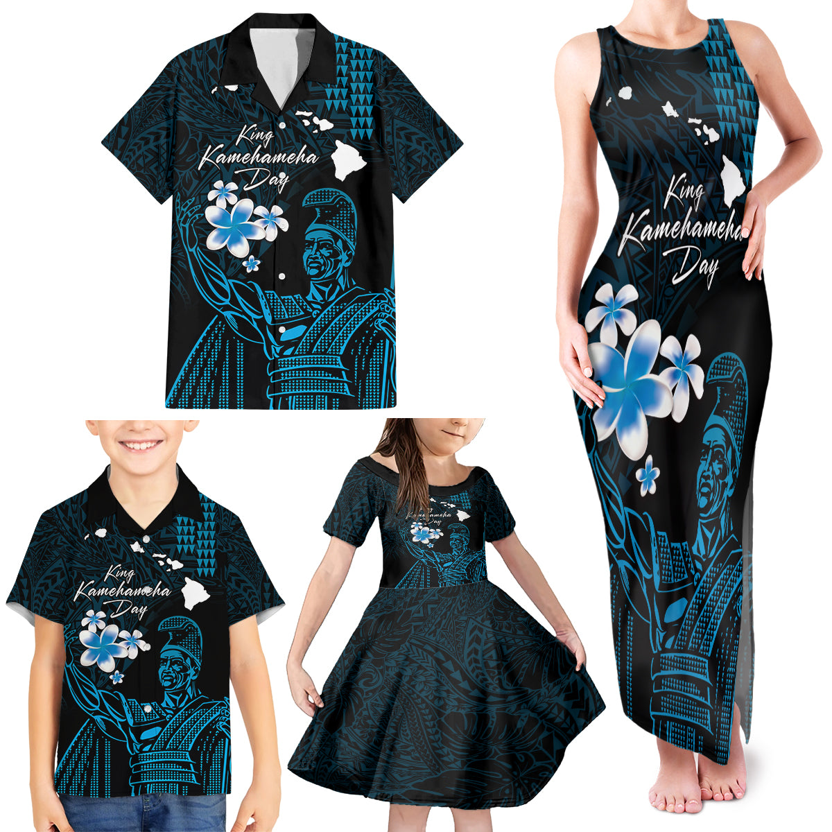 Personalised Hawaii King Kamehameha Day Family Matching Tank Maxi Dress and Hawaiian Shirt Plumeria With Kakau Pattern - Blue