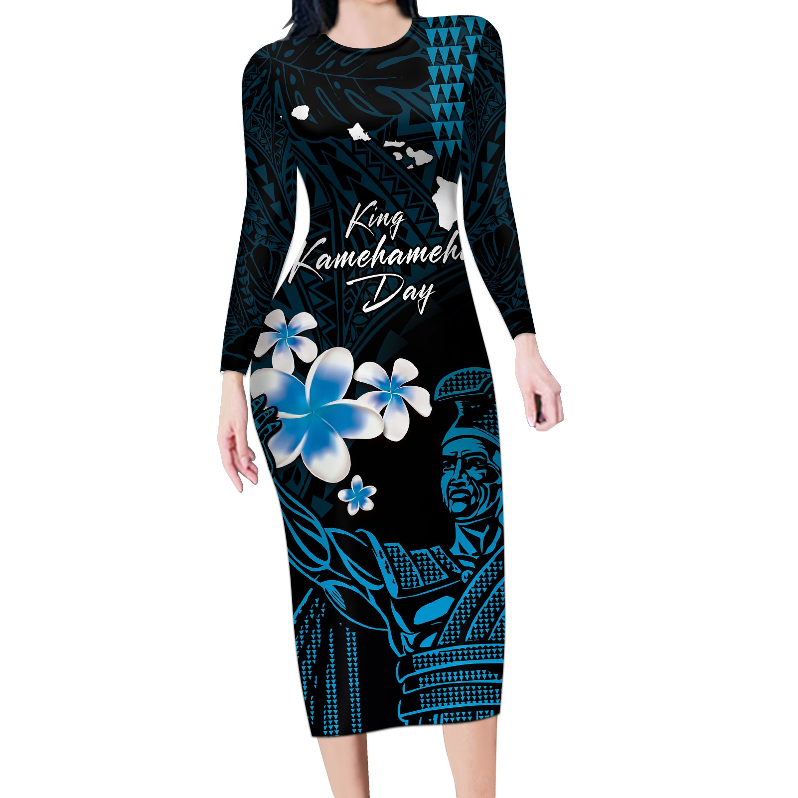 Personalised Hawaii King Kamehameha Day Long Sleeve Bodycon Dress Plumeria With Kakau Pattern - Blue