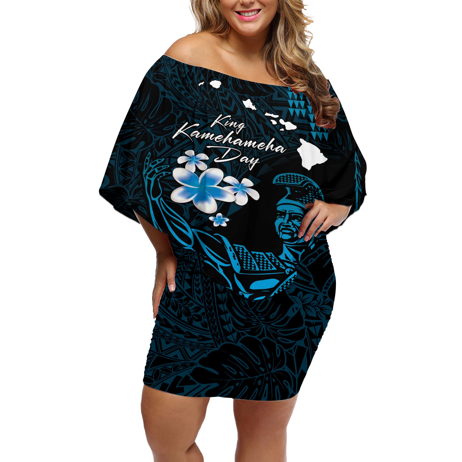 Personalised Hawaii King Kamehameha Day Off Shoulder Short Dress Plumeria With Kakau Pattern - Blue