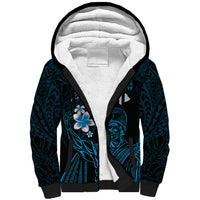 Personalised Hawaii King Kamehameha Day Sherpa Hoodie Plumeria With Kakau Pattern - Blue