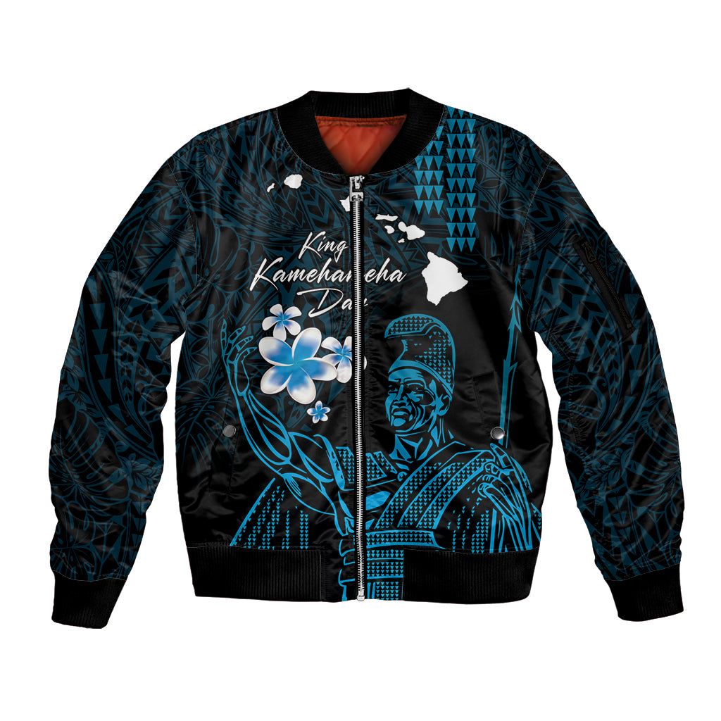 Personalised Hawaii King Kamehameha Day Sleeve Zip Bomber Jacket Plumeria With Kakau Pattern - Blue
