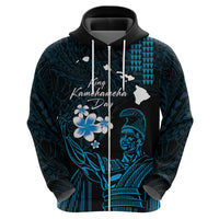 Personalised Hawaii King Kamehameha Day Zip Hoodie Plumeria With Kakau Pattern - Blue
