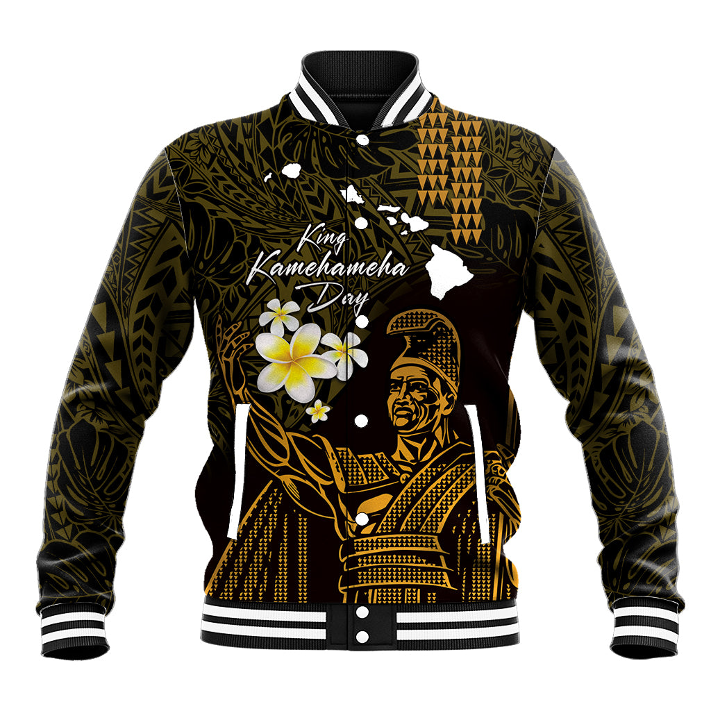 Personalised Hawaii King Kamehameha Day Baseball Jacket Plumeria With Kakau Pattern - Gold