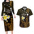 Personalised Hawaii King Kamehameha Day Couples Matching Long Sleeve Bodycon Dress and Hawaiian Shirt Plumeria With Kakau Pattern - Gold