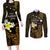 Personalised Hawaii King Kamehameha Day Couples Matching Long Sleeve Bodycon Dress and Long Sleeve Button Shirt Plumeria With Kakau Pattern - Gold