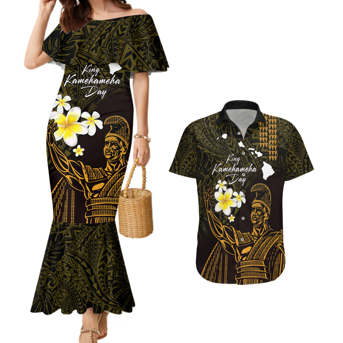 Personalised Hawaii King Kamehameha Day Couples Matching Mermaid Dress and Hawaiian Shirt Plumeria With Kakau Pattern - Gold