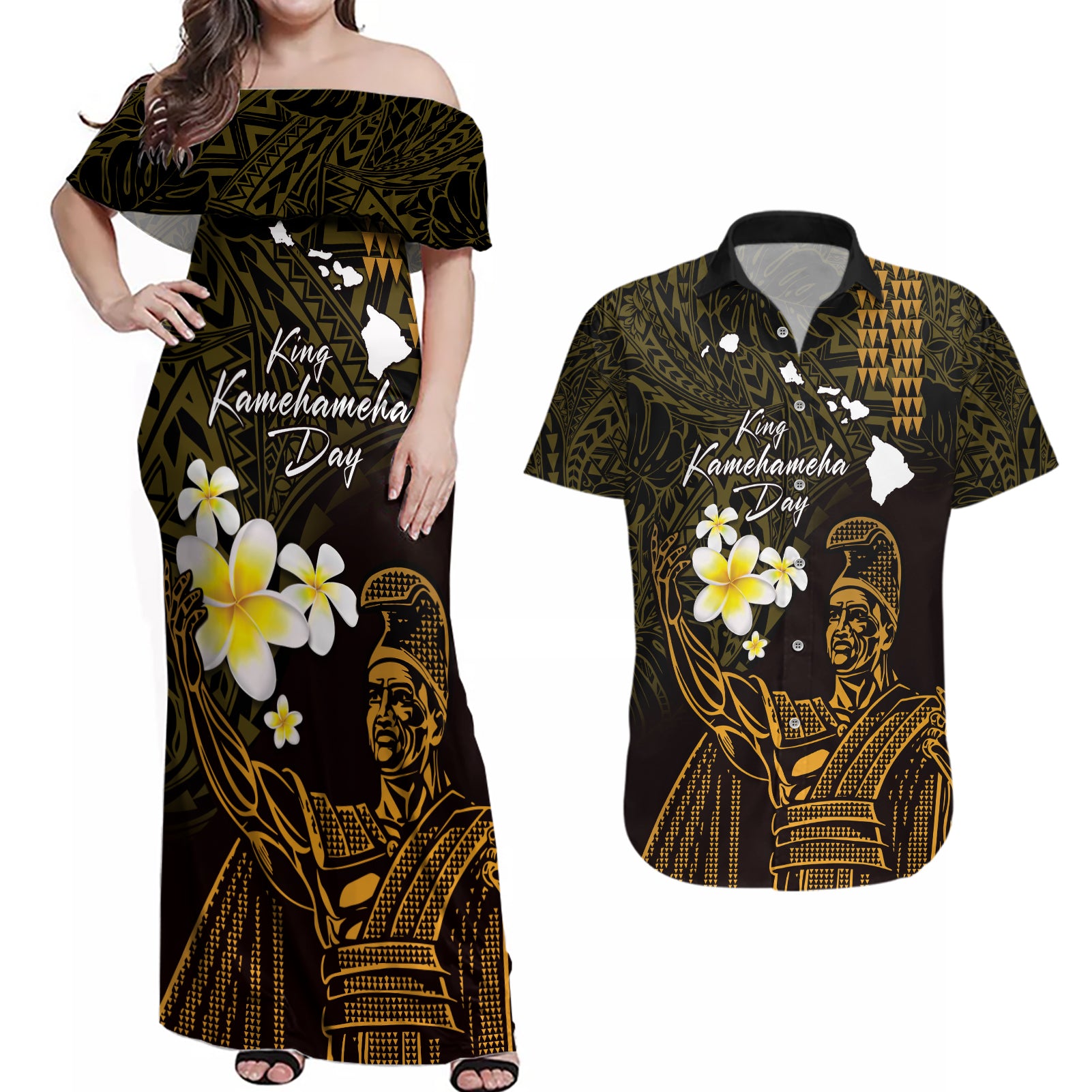 Personalised Hawaii King Kamehameha Day Couples Matching Off Shoulder Maxi Dress and Hawaiian Shirt Plumeria With Kakau Pattern - Gold